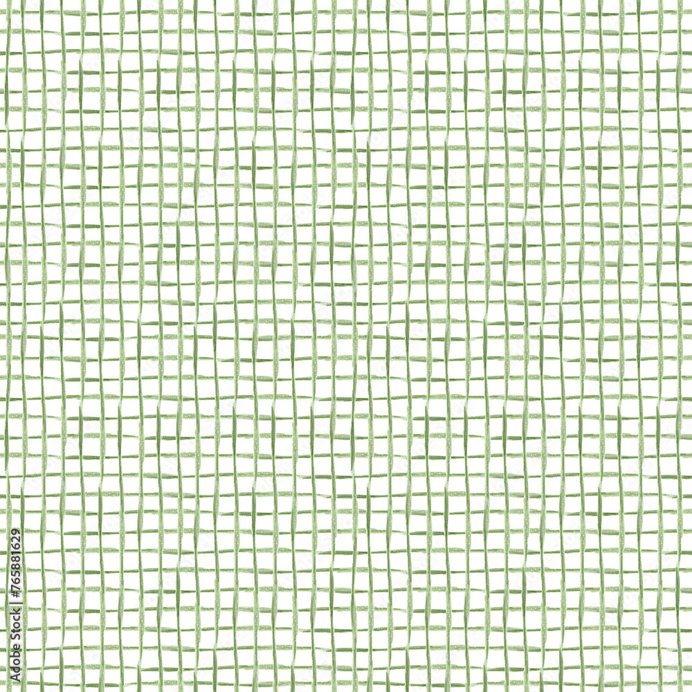 Green checkered background. Seamless grid of pencil lines. Hand drawn checkered pattern. For the design of backgrounds, packaging, diaries, notebooks
