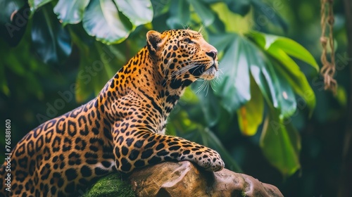  a close up of a leopard laying on a rock in front of a bunch of green plants and a tree. photo