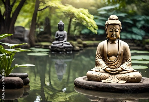 A serene Buddha statue serenely seated beside a tranquil pond  its serene expression and graceful posture exuding a sense of timeless peace and enlightenment