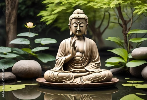 A serene Buddha statue serenely seated beside a tranquil pond, its serene expression and graceful posture exuding a sense of timeless peace and enlightenment