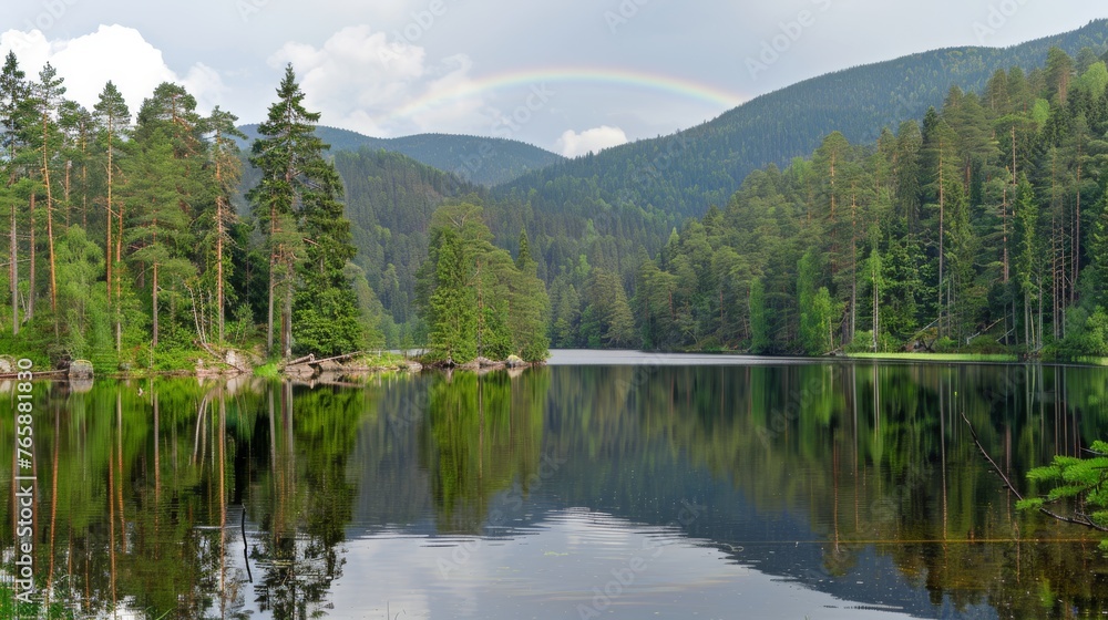  a lake surrounded by a forest with a rainbow in the middle of the sky and a rainbow in the distance.