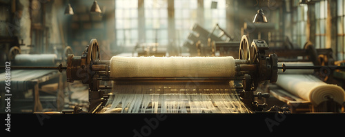 Spinning Jenny, machine, revolution in textile manufacturing, busy factory floor during the Industrial Revolution, realistic, Rembrandt lighting, depth of field bokeh effect photo