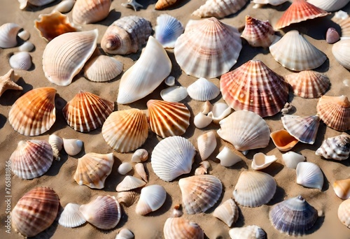 Seashells scattered across a sun-kissed sandy beach, each one a testament to the beauty and diversity of marine life, inviting exploration and wonder