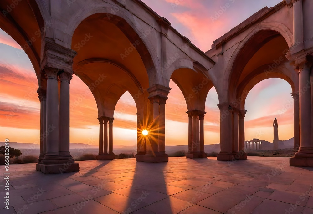 The iconic arches of a historic monument silhouetted against the soft hues of dawn, as the first light of morning gently kisses the horizon.