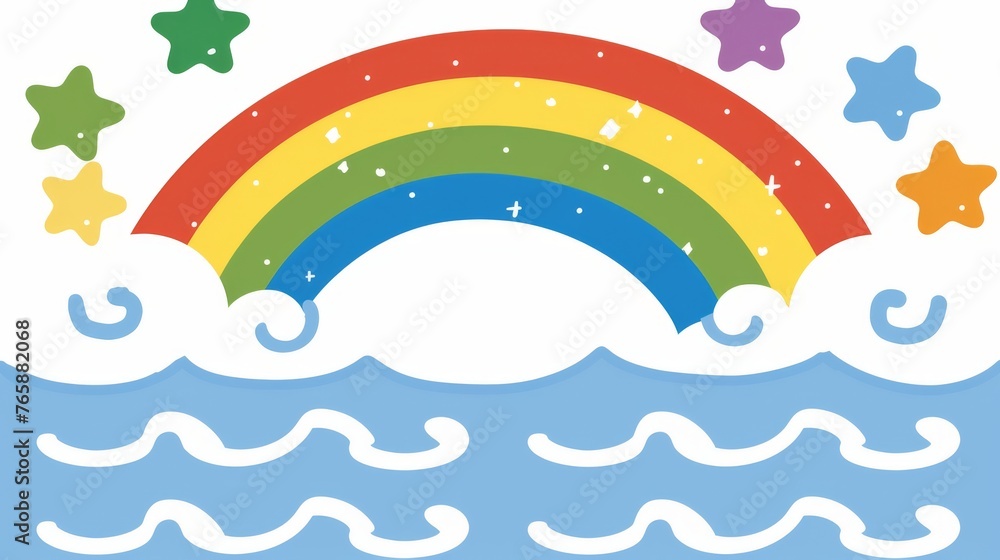  a rainbow over a body of water with stars in the sky and stars in the water on top of it.