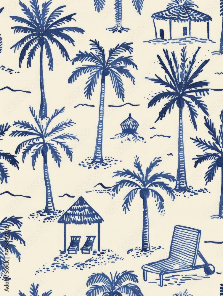 Obraz premium Blue and white wallpaper featuring palm trees, creating a tropical and vibrant atmosphere