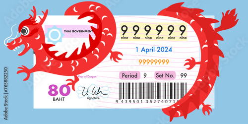Flat design of Thailand lottery ticket with hypothetical numbers, QR code and barcode, flat design of dragon lottery ticket vector, red lucky dragon vector.