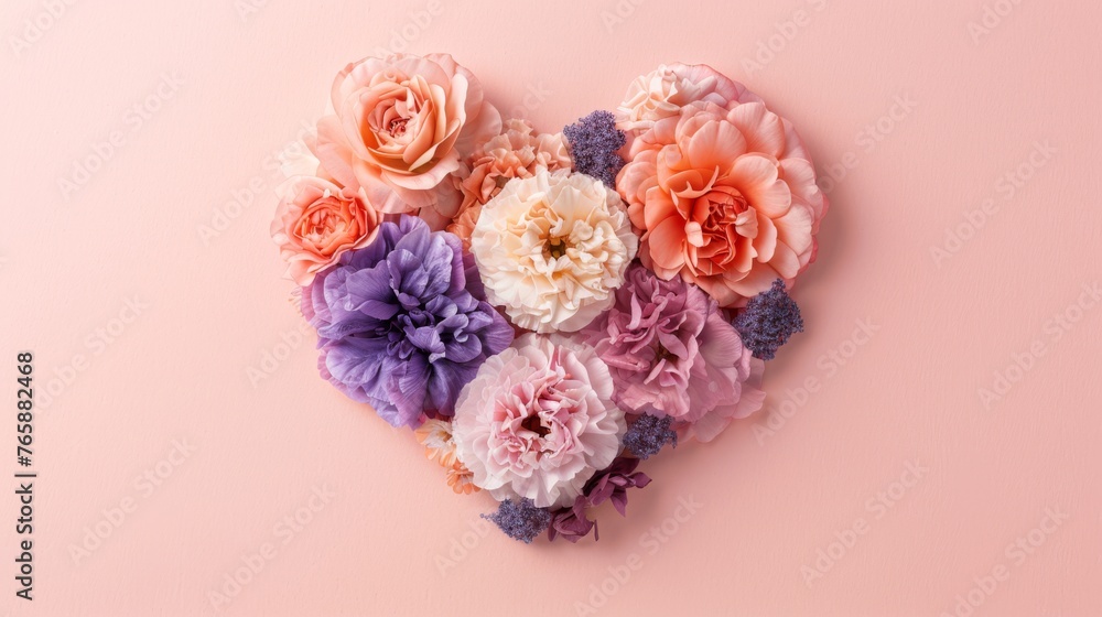 a heart shaped arrangement of pink, purple, and orange carnations on a pink background with space for text. a heart shaped arrangement of pink, purple, and orange carnations on a pink background with space for text.