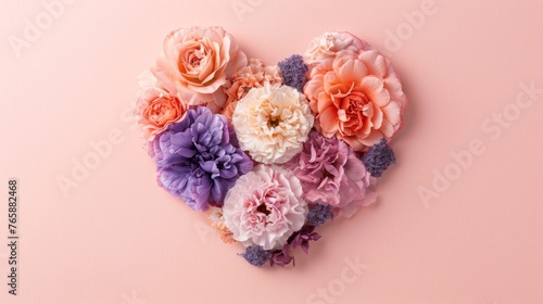  a heart shaped arrangement of pink, purple, and orange carnations on a pink background with space for text.