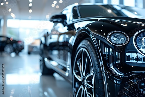 Capturing the elegance and modernity of a sleek black car in a luxury showroom. Concept Luxury Cars, Showroom Photography, Sleek Design, Elegance, Modernity
