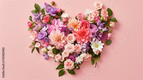  a heart shaped arrangement of pink, purple, and white flowers on a pink background with green leaves and stems. © Anna