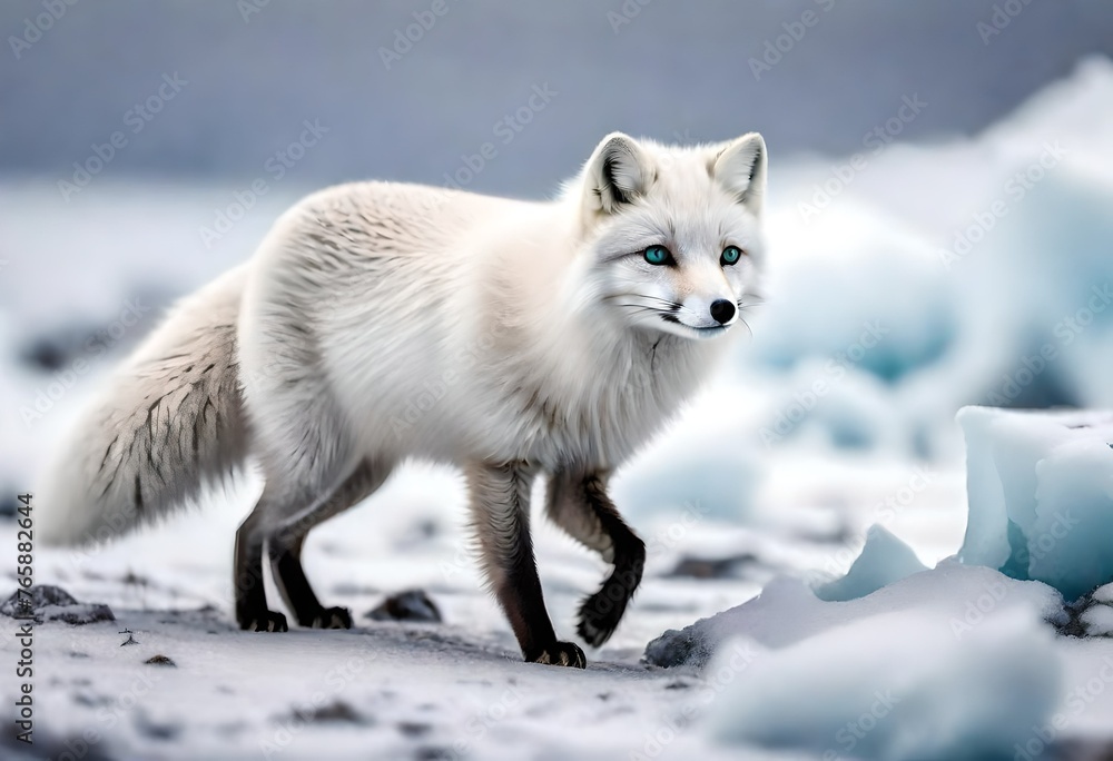 An arctic fox prowling through the icy landscapes of Iceland, its fur blending seamlessly with the snowy terrain as it searches for prey