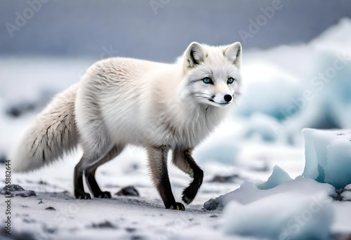 An arctic fox prowling through the icy landscapes of Iceland, its fur blending seamlessly with the snowy terrain as it searches for prey