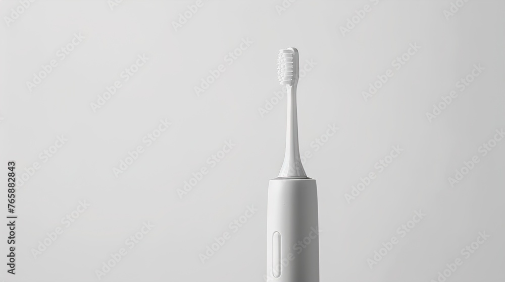 A UHD close-up of a sleek white electric toothbrush positioned against a plain white background, providing ample space for incorporating branding or promotional graphics. A UHD close-up of a sleek white electric toothbrush positioned against a plain white background, providing ample space for incorporating branding or promotional graphics.