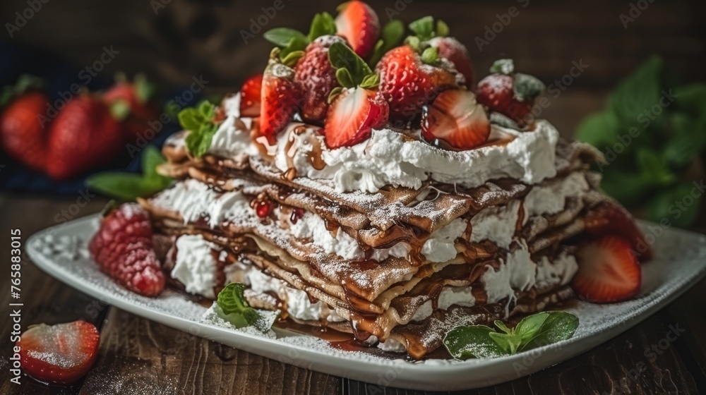 a stack of waffles topped with whipped cream and strawberries on top of a white plate on a wooden table. a stack of waffles topped with whipped cream and strawberries on top of a white plate on a wooden table.