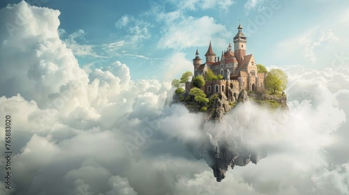 A castle floating on a cloud above a scenic landscape