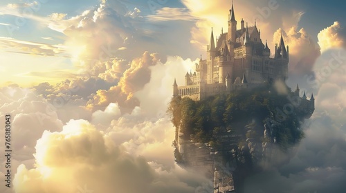 A castle floating on a cloud above a scenic landscape © Chingiz