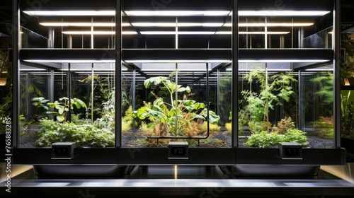  a room filled with lots of plants and plants inside of a glass case in front of a wall of windows.