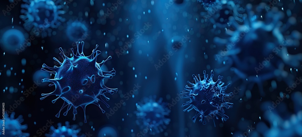 Floating blue virus shapes in a dark 3D rendered conceptual art - obrazy, fototapety, plakaty 
