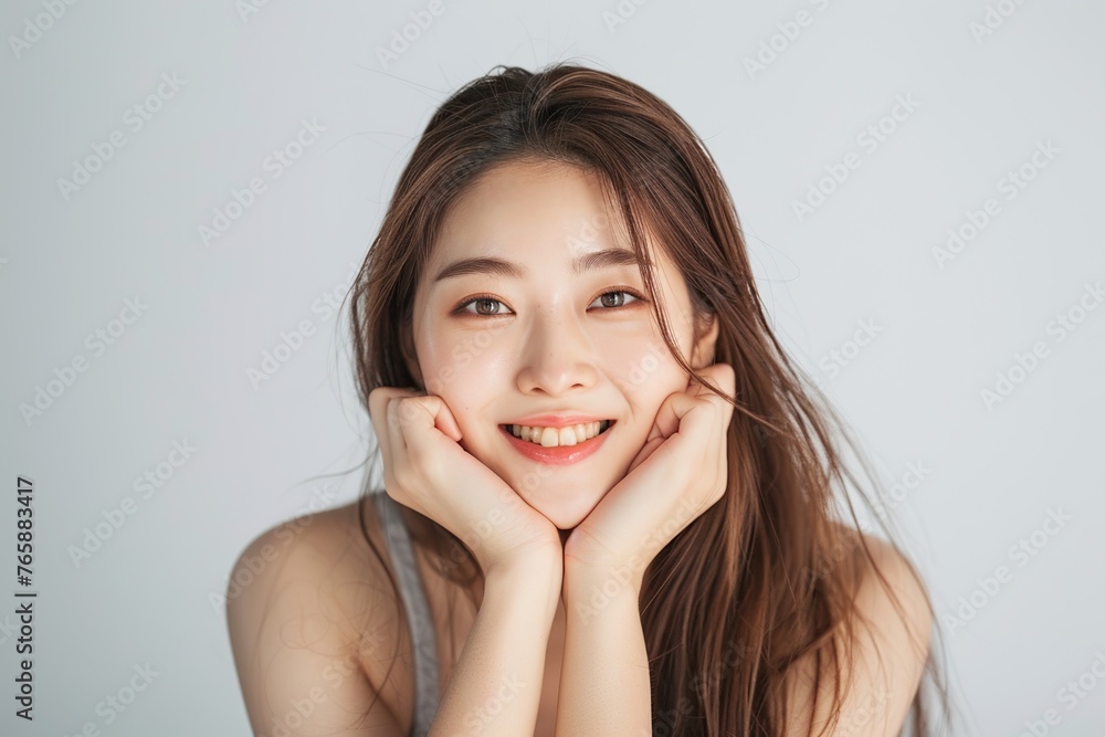 Portrait of a Radiant Korean Woman Smiling in a grey Studio Backdrop