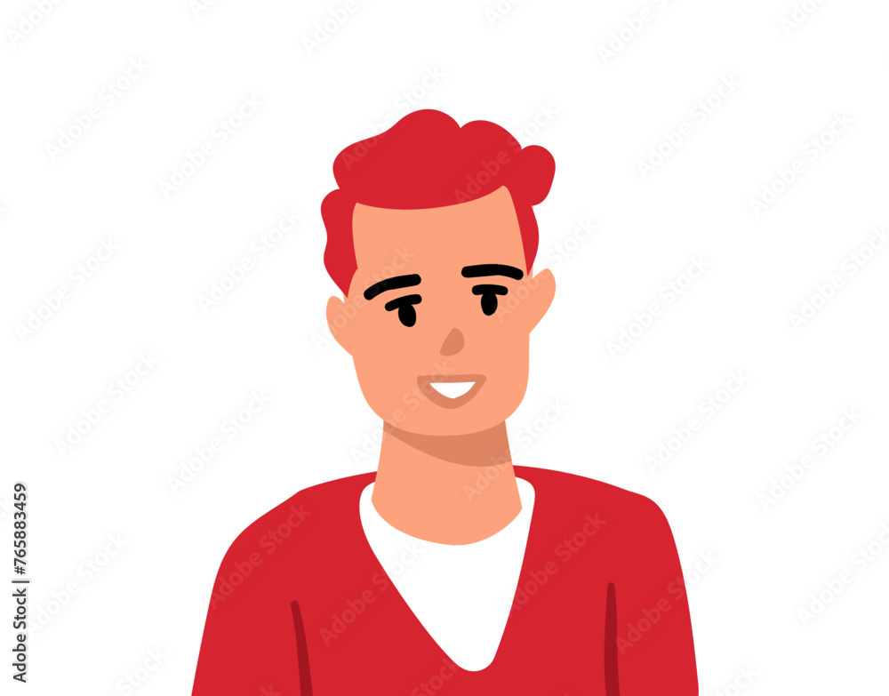 Vector illustration of male portrait on white color background. Flat style design of avatar of man white skin with red curly hair in sweater