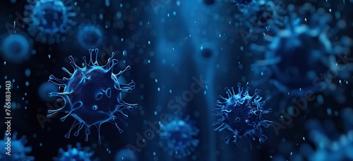 Floating blue virus shapes in a dark 3D rendered conceptual art photo