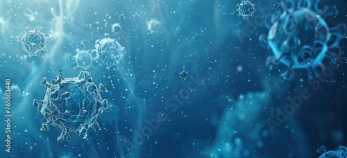 Floating blue virus shapes in a 3D rendered conceptual art
