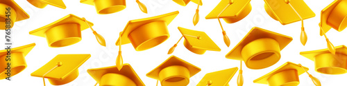 Vector illustration of golden graduate cap on white background. Caps thrown up pattern. 3d style design of congratulation graduates 2024 class with graduation hat