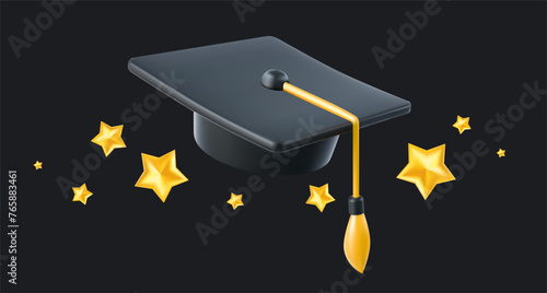 Vector illustration of black graduate cap with golden tassel on black background with star. 3d style design of congratulation graduates 2024 class with graduation hat