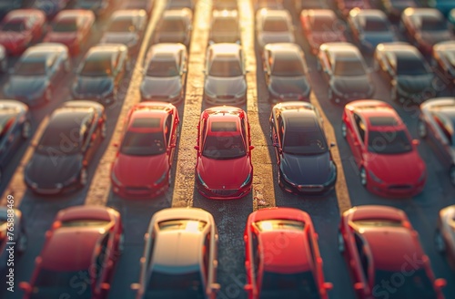Colorful cars parked in rows under sunlight casting shadow on ground