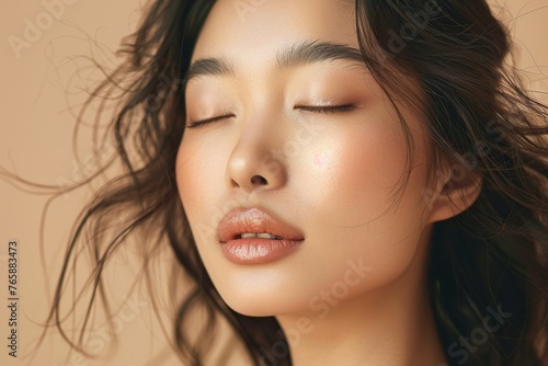 Asian woman with closed eyes on soft beige background highlighting natural make-up