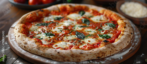 Sliced delicious neapolitan marcherita pizza with tomato sauce, cheese and basil. Italian food, dish, meal, snack, dinner, lunch. 