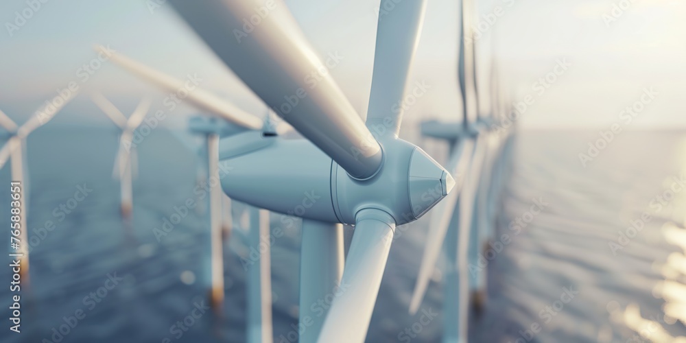White blades of offshore wind turbines generate renewable energy in calm sea White blades of offshore wind turbines generate renewable energy in calm sea