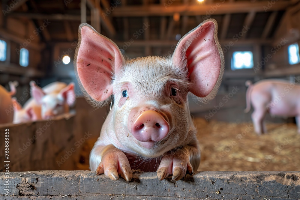 A gentle piglet looks at the camera, surrounded by a farm scene A gentle piglet looks at the camera, surrounded by a farm scene