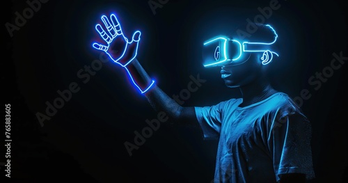 Blue neon lights surround a person wearing a virtual reality headset outstretcheding hand against a dark background