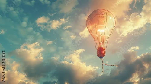 A lightbulb tied to a hot air balloon, innovative ideas taking off