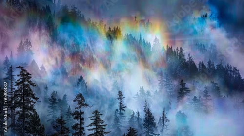  a forest filled with lots of trees covered in a multicolored sky filled with lots of rainbow colored clouds.