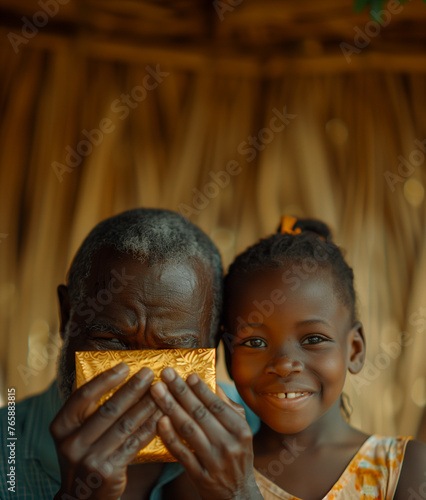 A man and a young woman are standing together, with the man holding a golden envelope. The scene appears to be a moment of celebration together.