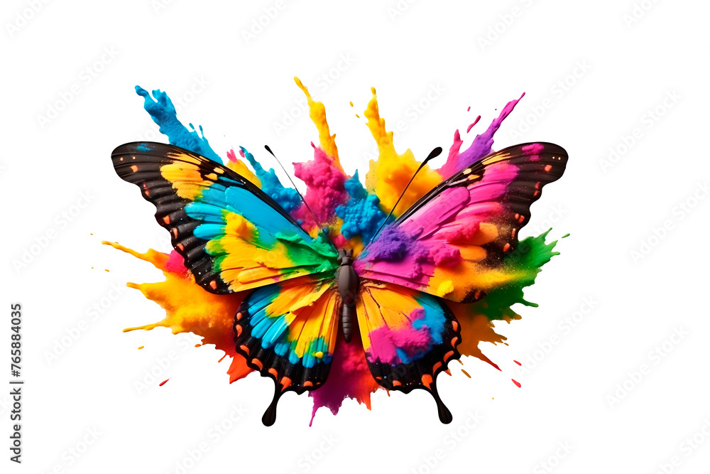Multicolor butterfly with splashed powder paint explosion isolated on ...