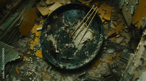  a dirty plate with a whisk sticking out of it in the middle of a room full of debris.