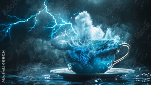 A teacup storm with lightning and thunder inside, brewing storm