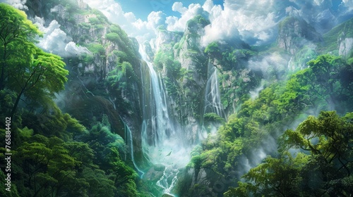 A waterfall that flows upwards to the sky, defying gravity
