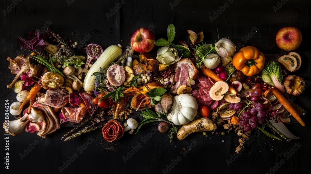  a pile of assorted fruits and vegetables on a black background with space for a text or an image to put in the bottom right corner of the image.