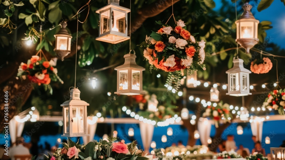 a group of lanterns hanging from a tree filled with flowers and lite up with candles and flowers on them. a group of lanterns hanging from a tree filled with flowers and lite up with candles and flowers on them.