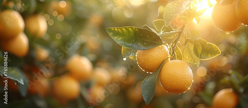 Ripe sweet juicy mandarines or oranges on the tree close up. Mandarin or orange harvest, fruit garden. Sun light on background.