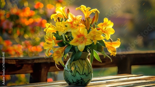  a vase filled with yellow flowers sitting on top of a wooden table in front of a garden filled with orange and yellow flowers.