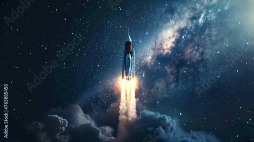 Capturing the dramatic moment of takeoff, this image showcases a rocket as it blasts off into the starry sky with a powerful light beam
