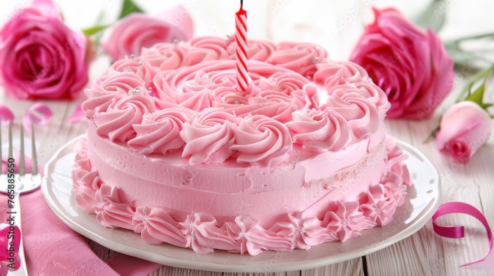  a pink cake sitting on top of a white plate next to a fork and a pink rose on a table.