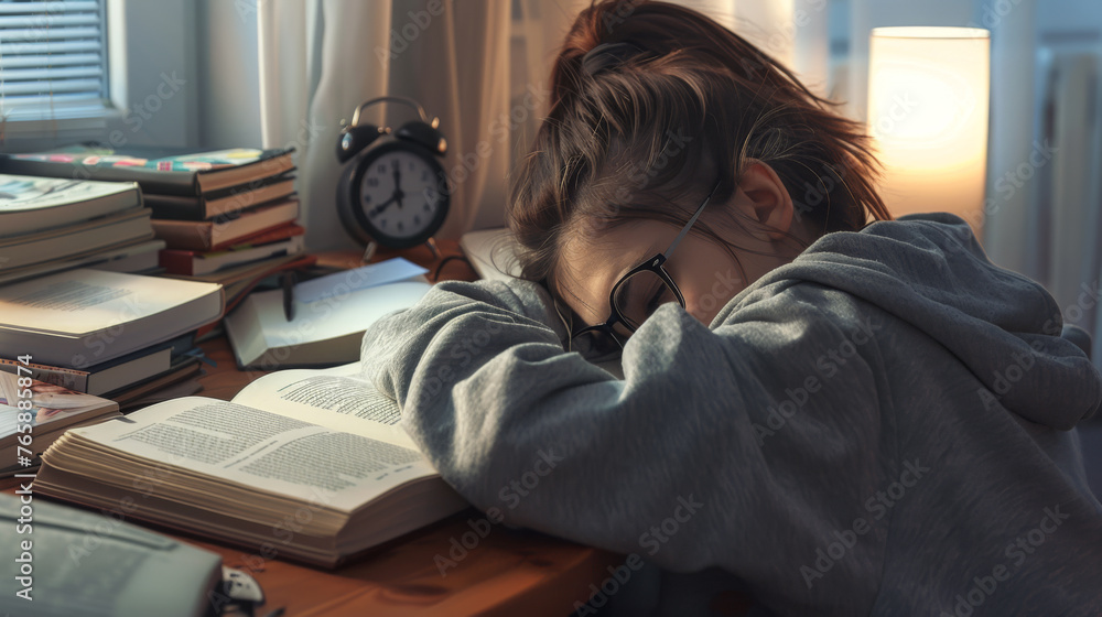 Fototapeta premium A person in a grey hoodie rests their head on a desk, amidst a chaos of open books.