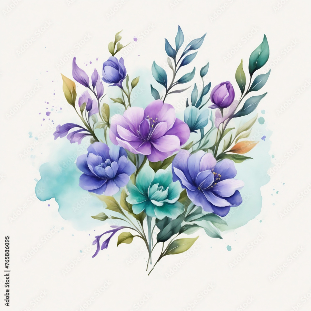 A cluster of delicate flowers, featuring shades of purple, white, and a hint of pink, emerges gracefully A cluster of delicate flowers, featuring shades of purple, white, and a hint of pink, emerges gracefully